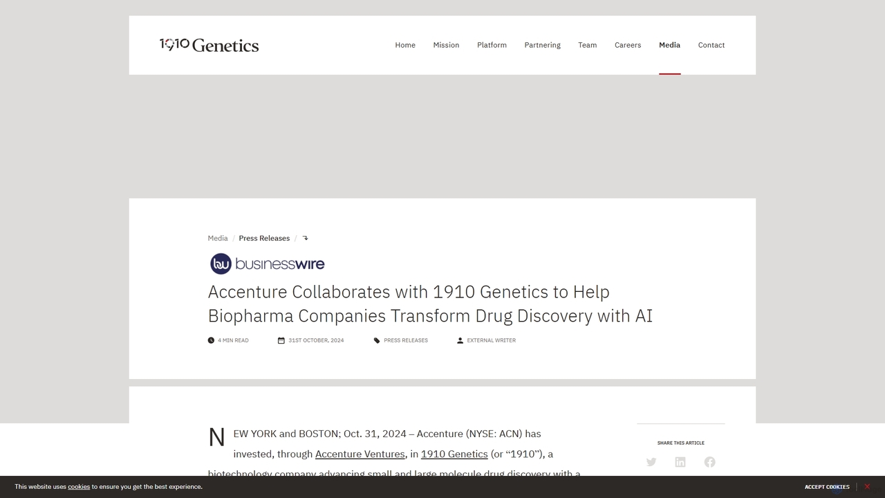 Accenture Collaborates with 1910 Genetics to Help Biopharma Companies Transform Drug Discovery with AI — 1910 Genetics for 1910genetics