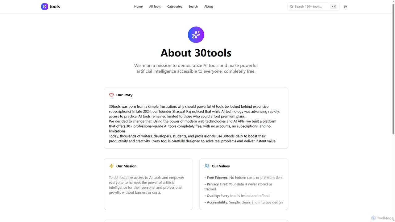 About 30tools - Free AI Tools Platform | Our Story and Mission | 30tools - Free AI Tools for 30tools
