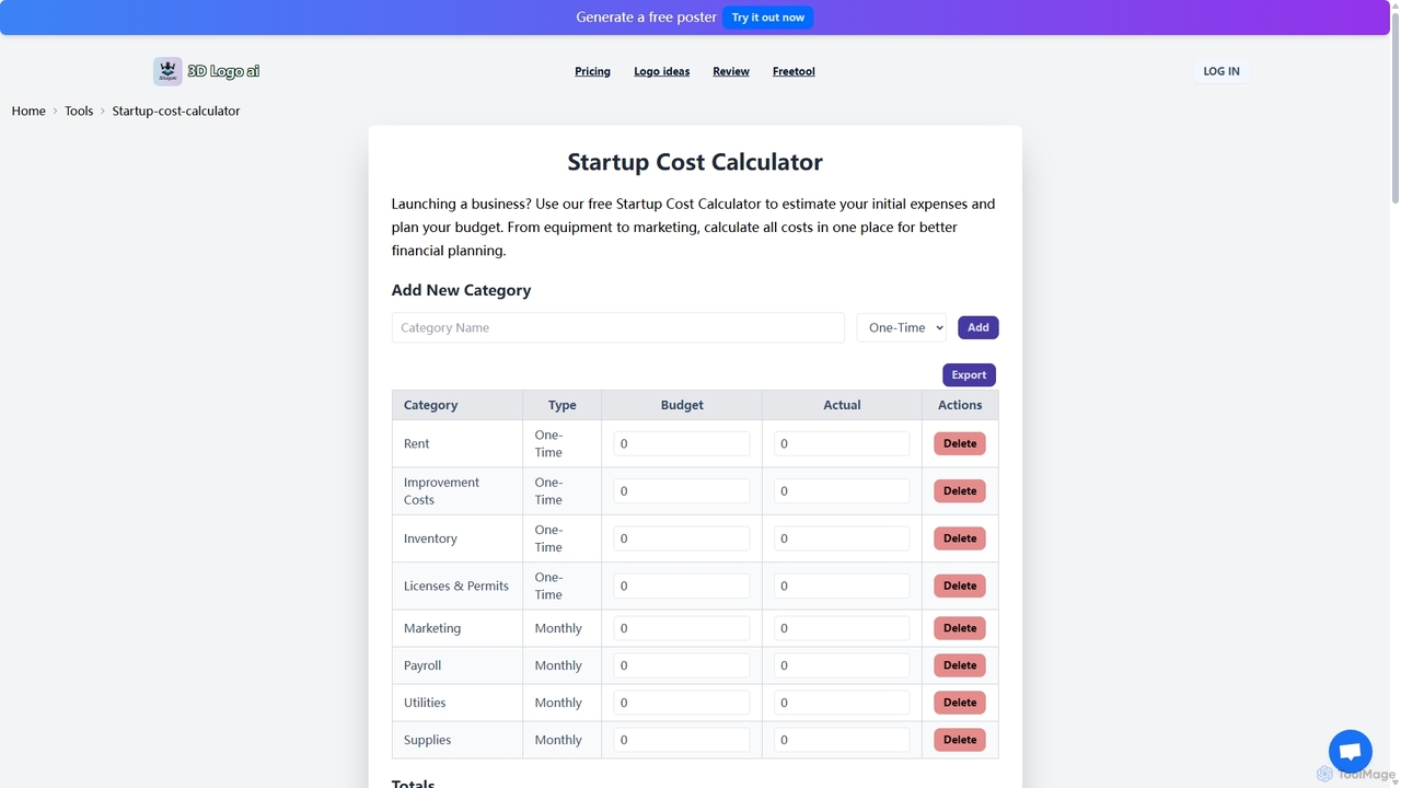 Startup Cost Calculator | Estimate Your Startup Expenses Instantly | 3dlogoai for 3dlogoai