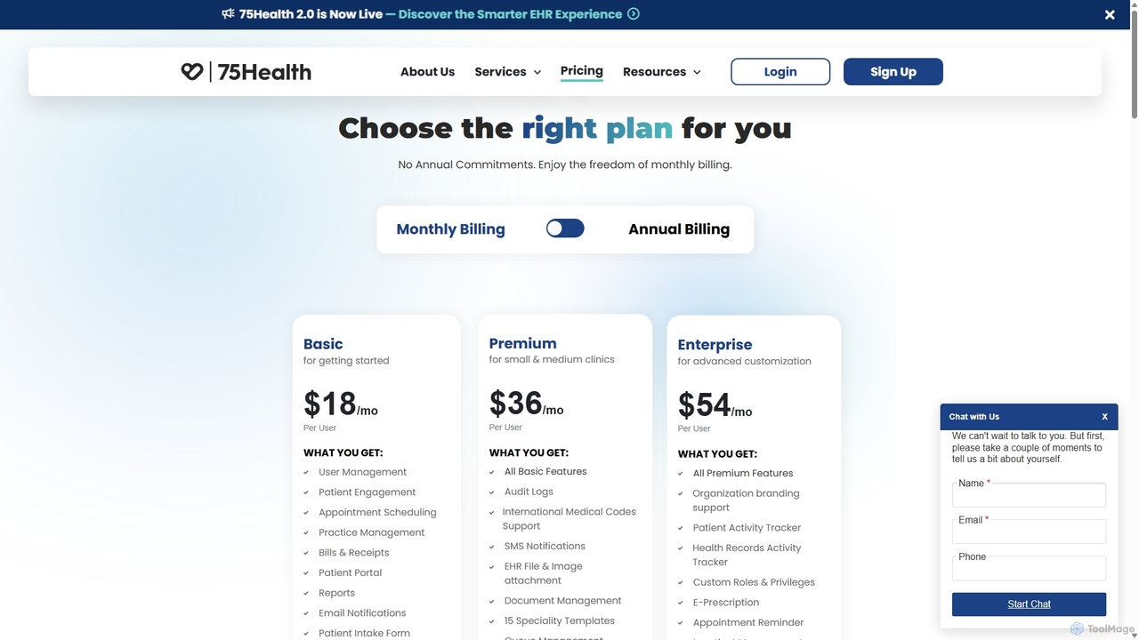 Tailored EHR Pricing Plans | 75health for 75health