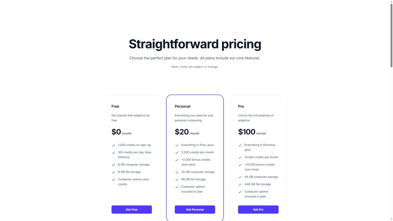 Adaptive Pricing – AI Agent Platform Plans & Credits | Adaptive for Adaptive