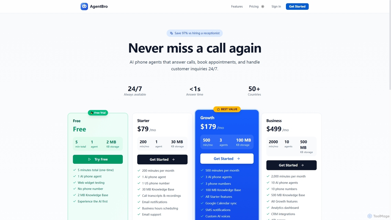 Pricing - AI Phone Receptionist Plans | AgentBro | AgentBro for AgentBro