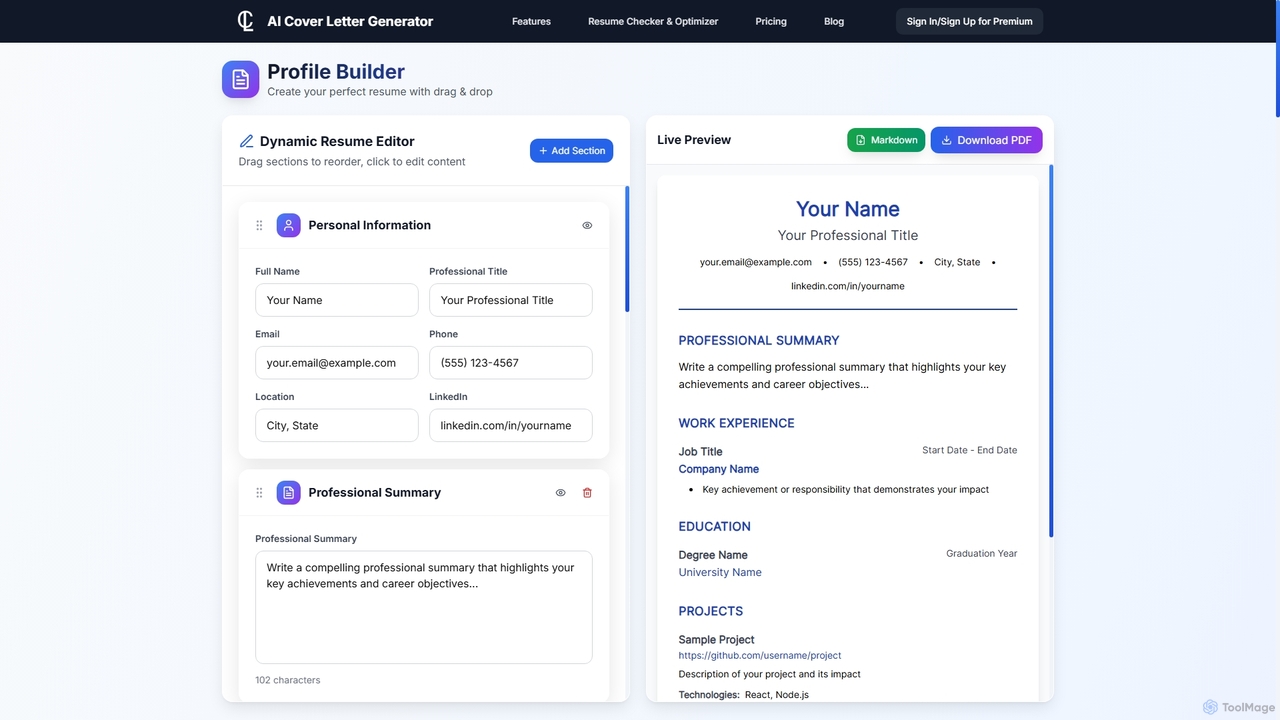 Profile Builder | Create Your Resume Online for AI Cover Letter Generator