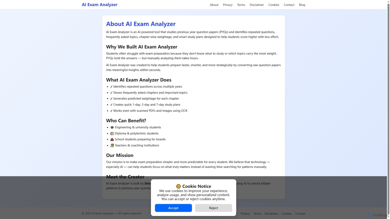 AI Exam Analyzer: Smart PYQ Analysis & Personalized Study Plans - ToolMage