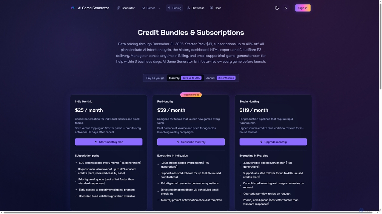 Pricing & Credits for AI Game Generator