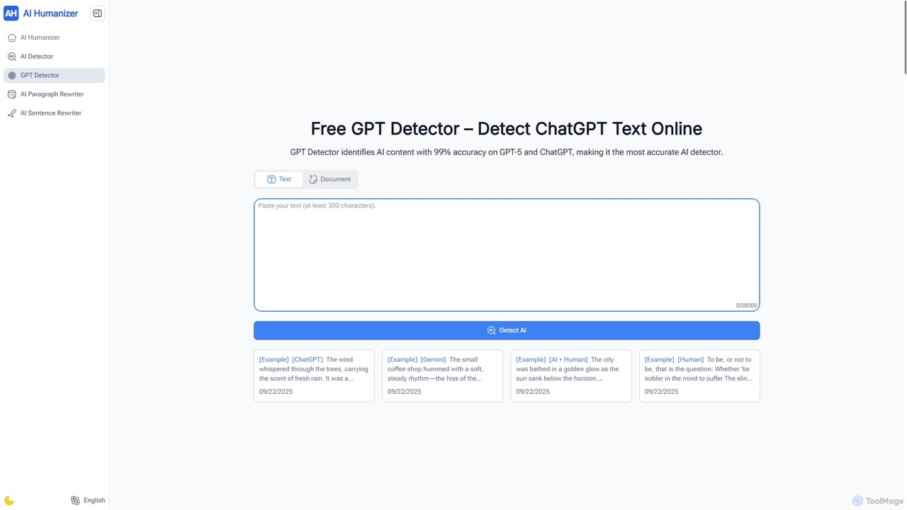 Free GPT Detector – Detect ChatGPT & GPT-5 & GPT-4 Text Online for AI Humanizer