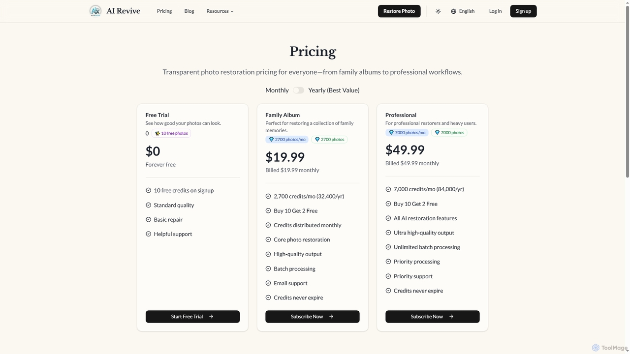 Pricing - Affordable AI Photo Restoration Plans | AI Revive for AI Revive