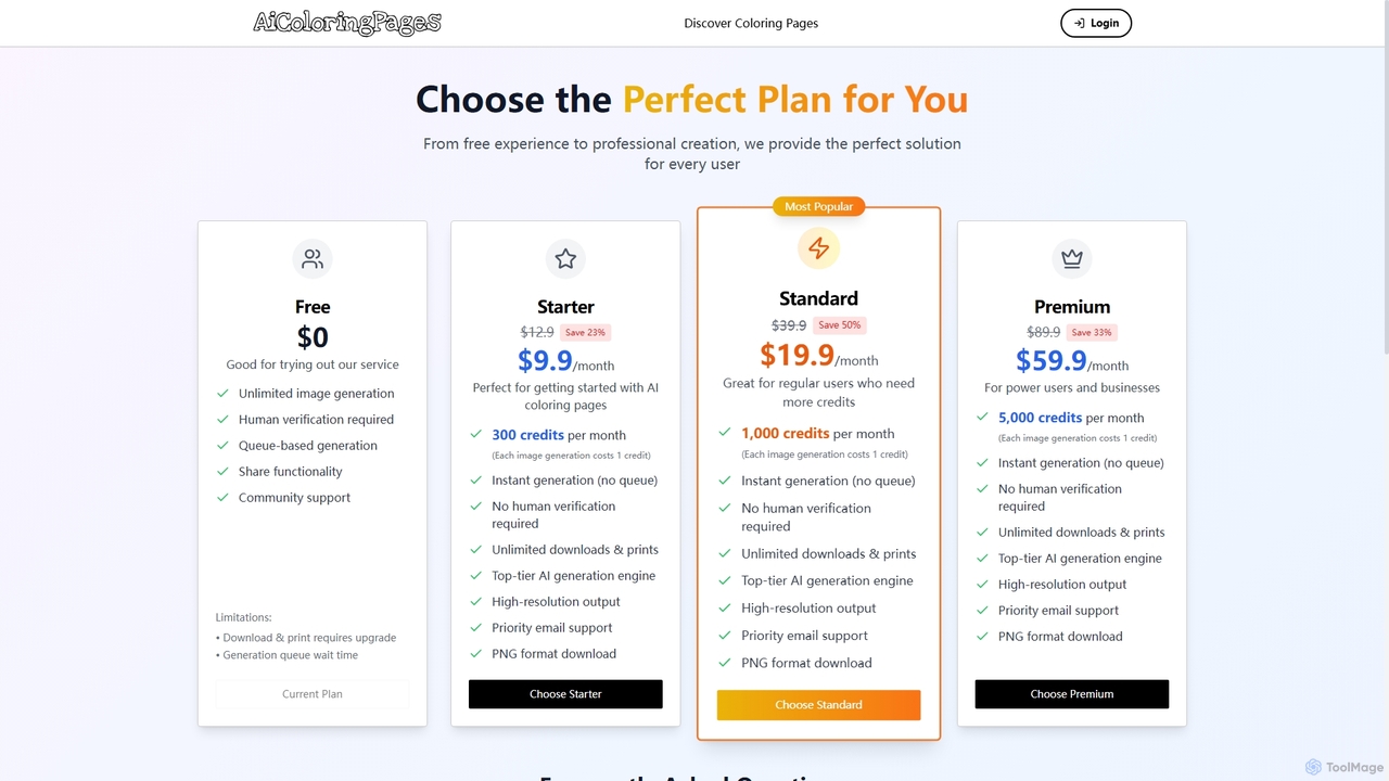 Pricing Plans of AI Coloring Pages Generator | AIColoringPages.App for AiColoringPages