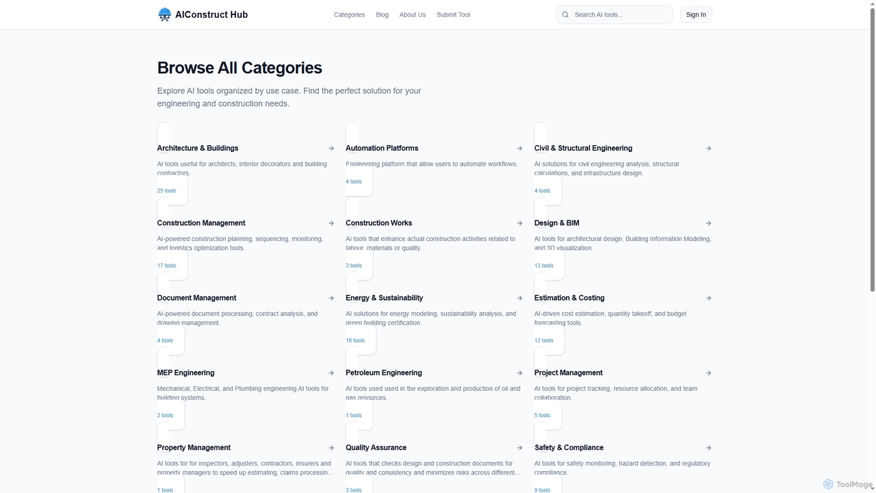 AI Tool Categories - Engineering & Construction | AIConstruct Hub for AIConstruct Hub