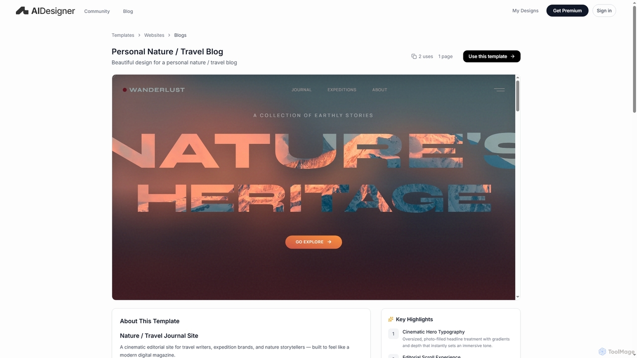 Personal Nature / Travel Blog - AIDesigner Templates | AI Designer for AIDesigner