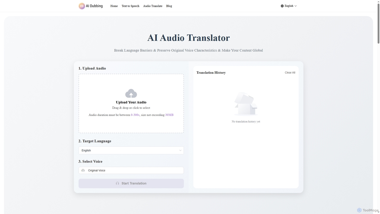 AI Audio Translate: 20+ langs, keep voice & feel, no signup for AIDubbing
