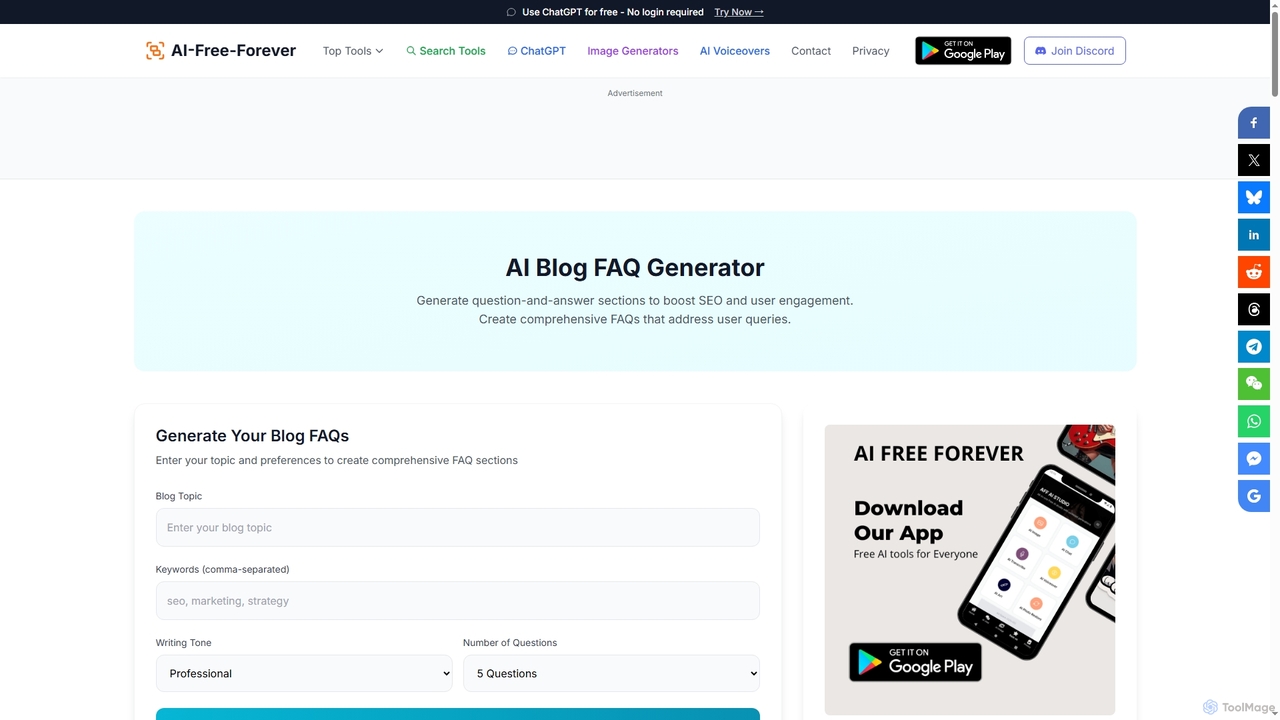 Free Blog FAQ Generator AI | Professional Results [ NO LOGIN ] for AIFreeforever