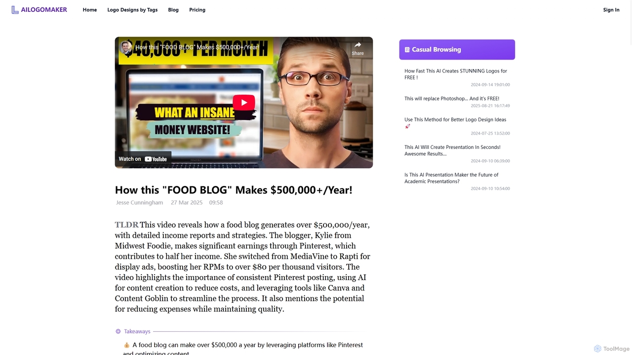 How this "FOOD BLOG" Makes $500,000+/Year! for Ailogomaker