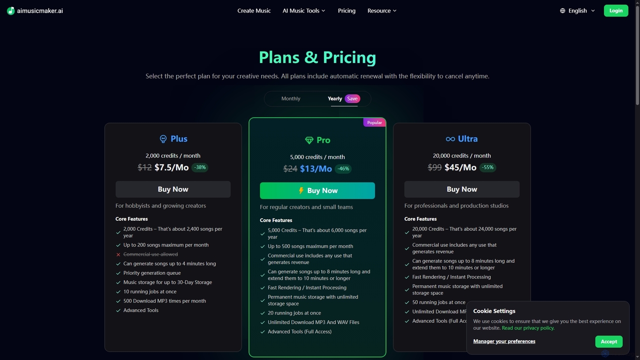 Plans & Pricing for Aimusicmaker