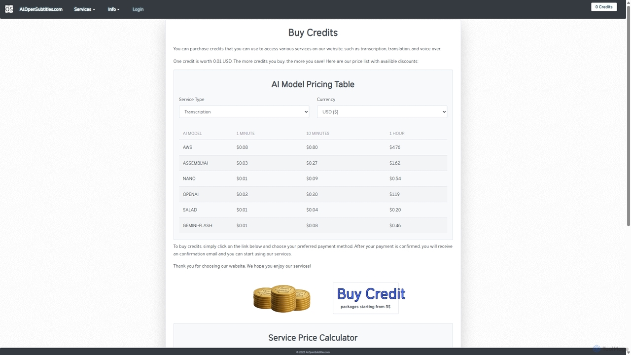 Credit Payment for Accessing AI Subtitling and Translation Services for AI.OpenSubtitles.com