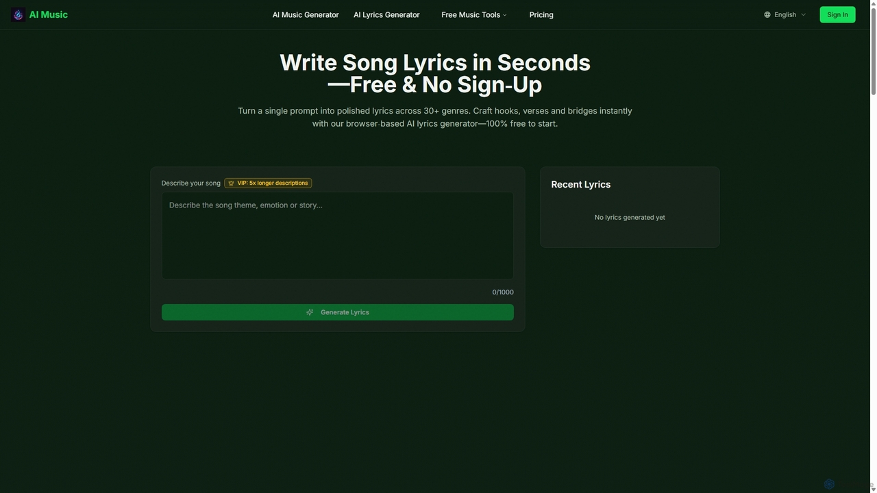 Free AI Lyrics Generator Online | Write Song Lyrics Instantly for Aisongcreator