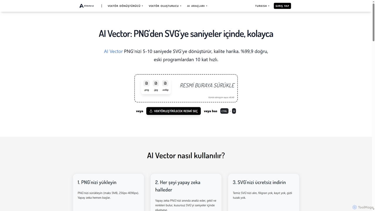 AI Vector: PNG'yi SVG'ye online, hızlı ve ücretsiz çevirin for AIVector