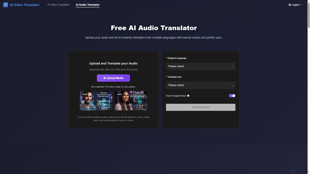 Free AI Audio Translator & Dubbing – Clone Voices Instantly for AIVideoTranslator