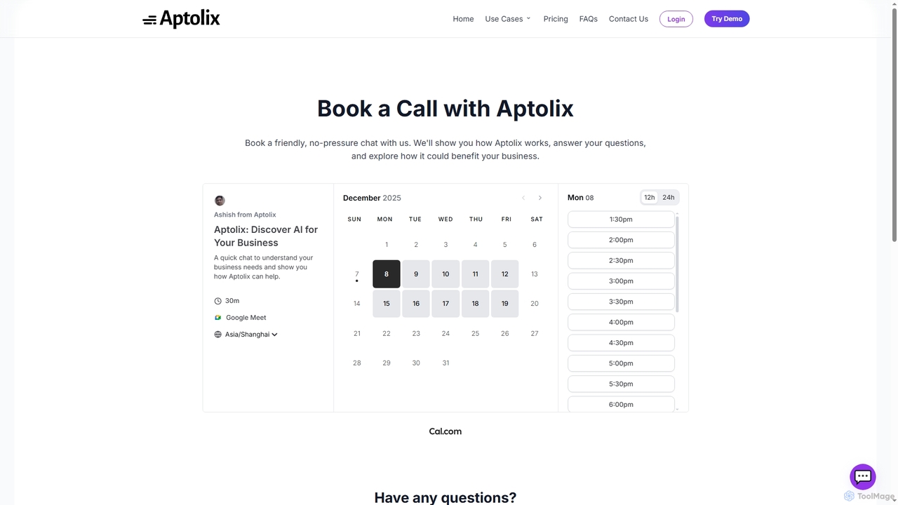 Book a Call with Aptolix | AI Chatbot Demo for Aptolix