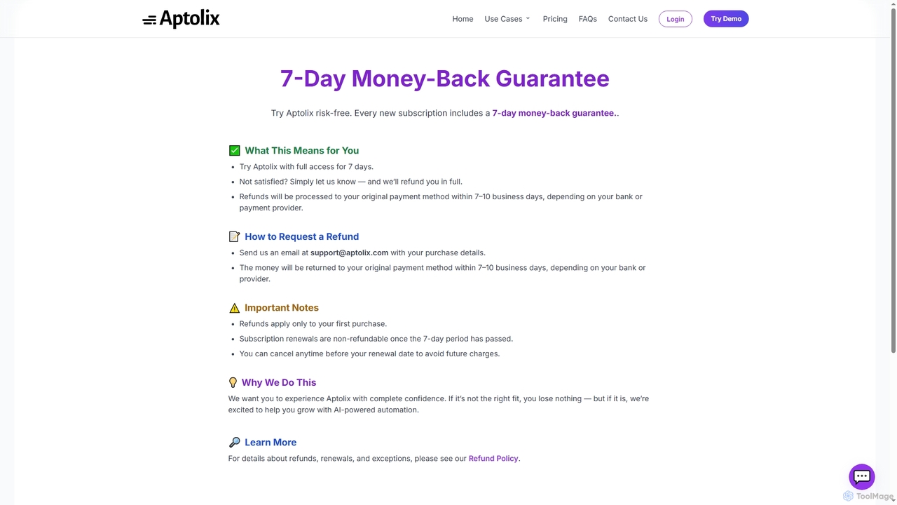 7-Day Money-Back Guarantee | Aptolix for Aptolix