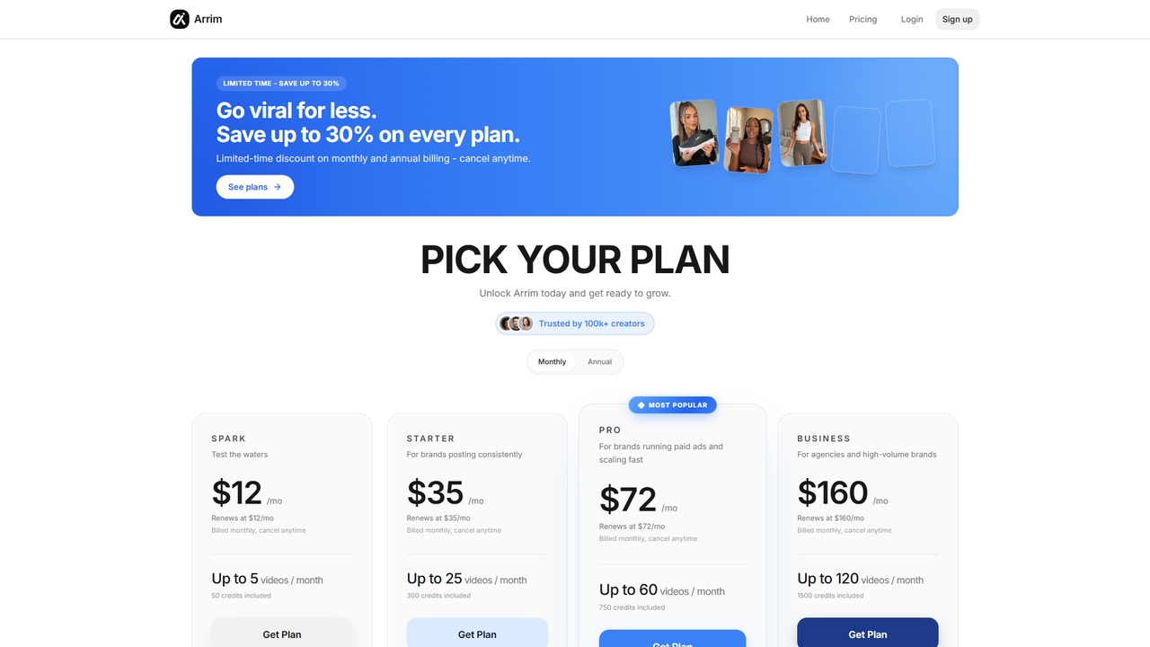 Pricing - AI Video Generator Plans from $12/mo | Arrim for Arrim