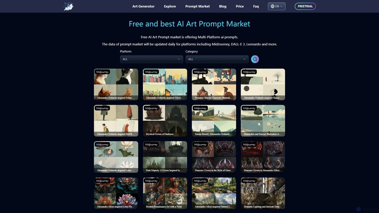 Free / gratis and best Art Prompt market in ArtiverseHub - Free DALLE-E 3 prompt, MidJourney prompt, Leonardo prompt and more. for ArtiverseHub
