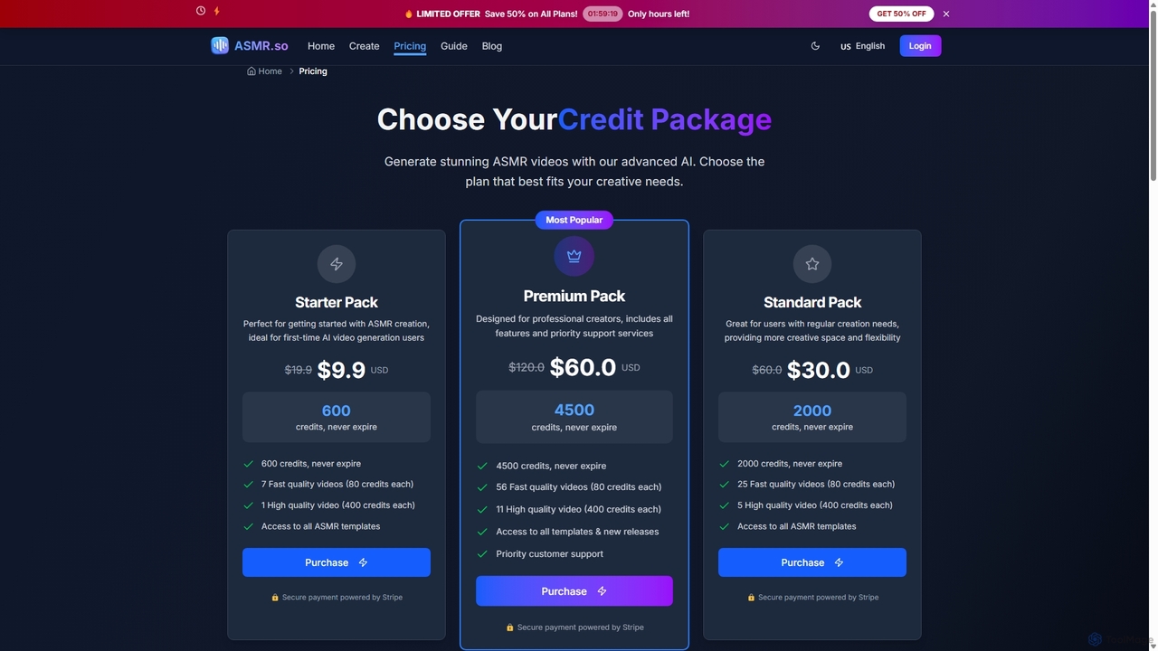AI ASMR Video Pricing | VEO3 AI Credit Packages for ASMR.so