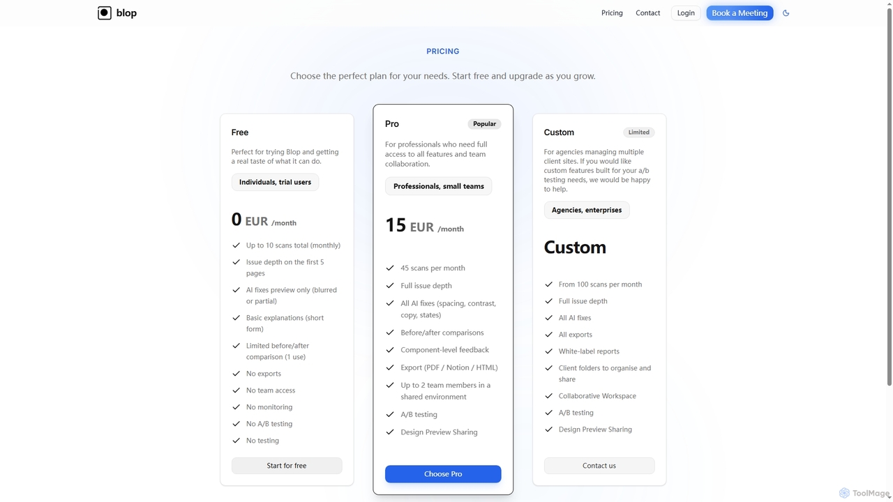 Pricing - Blop AI | UX Analysis & Bug Detection for Blopai