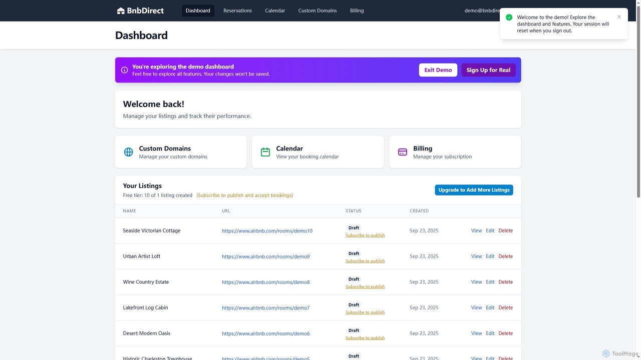 Dashboard for BnbDirect