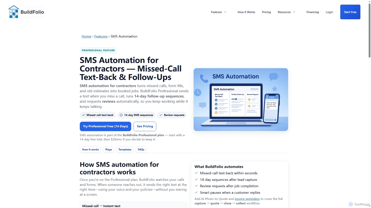 SMS Automation for Contractors — Missed-Call Text-Back & Follow-Ups for BuildFolio