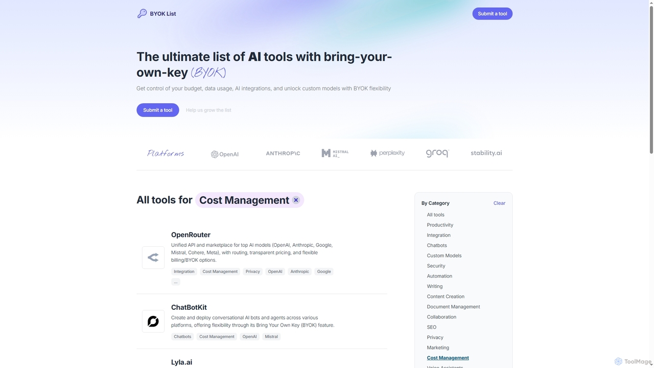 Cost management AI tools with BYOK - BYOKList for BYOKList
