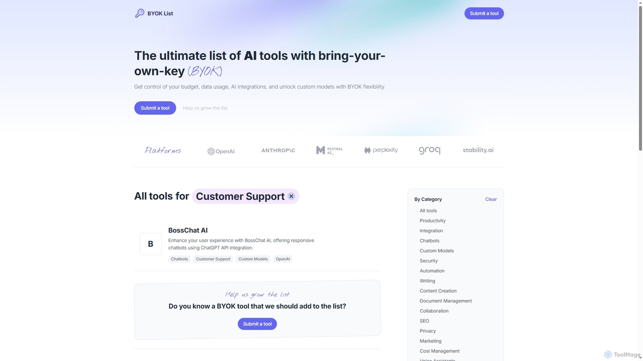 Customer support AI tools with BYOK - BYOKList for BYOKList