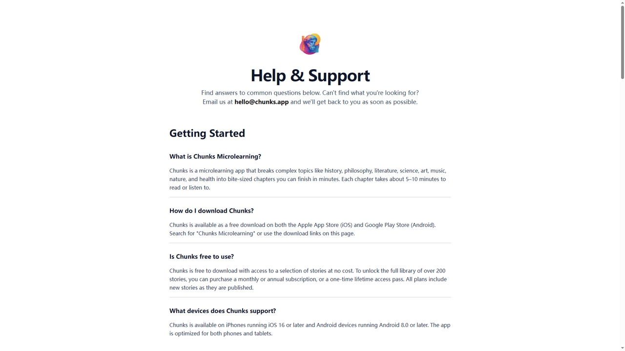 Help & Support - Chunks Microlearning for Chunks