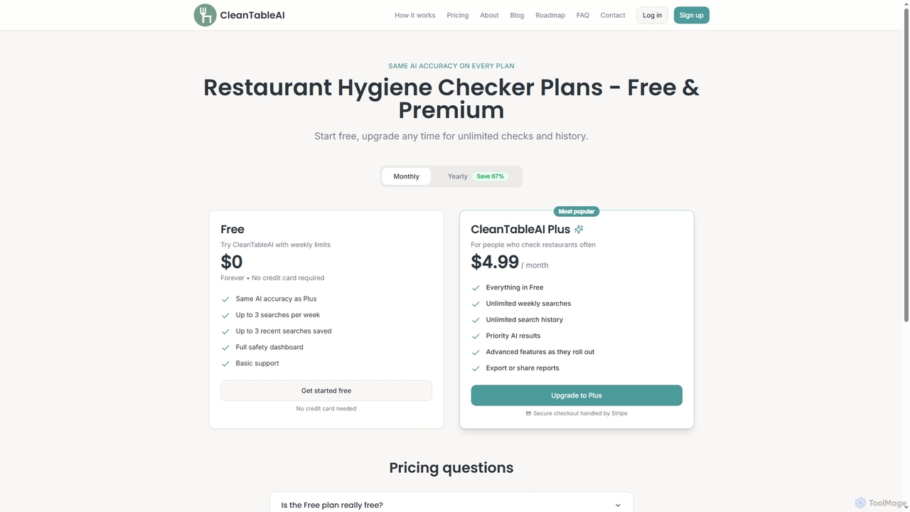 Pricing | CleanTableAI - Free Restaurant Hygiene Checker Plans for CleanTableAI