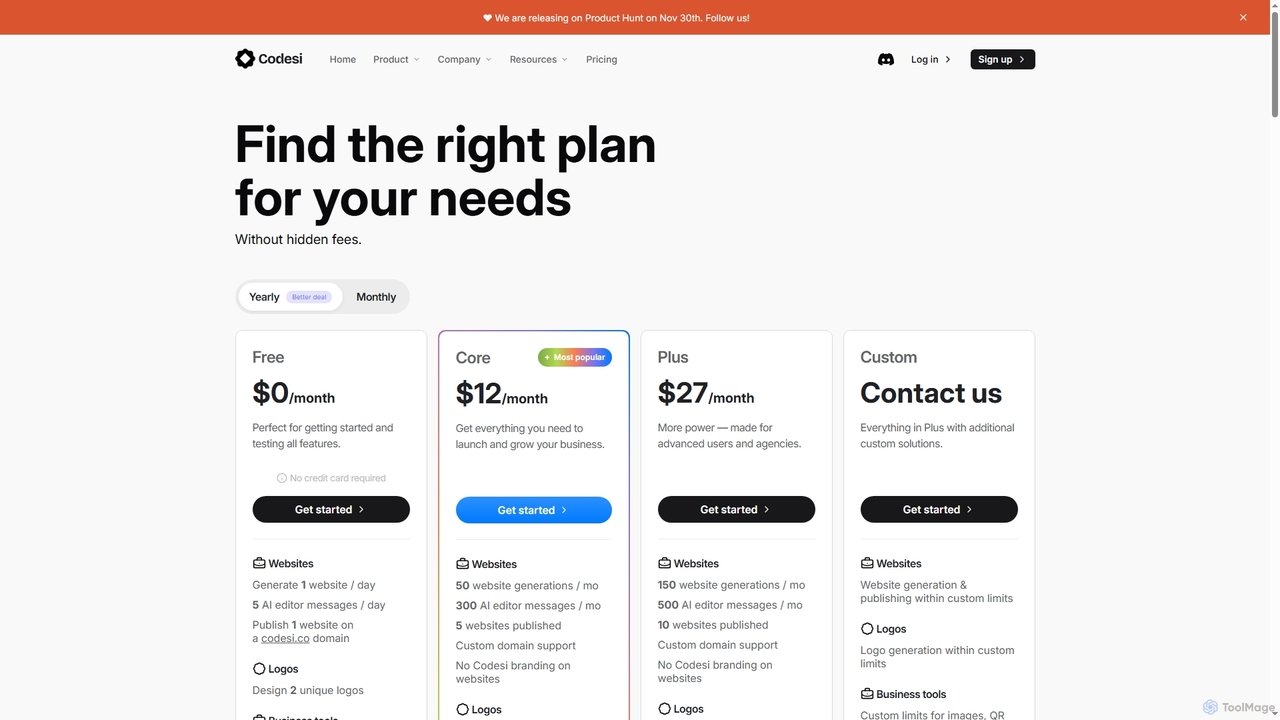 Codesi Pricing – Flexible Plans for AI Website Building for Codesi