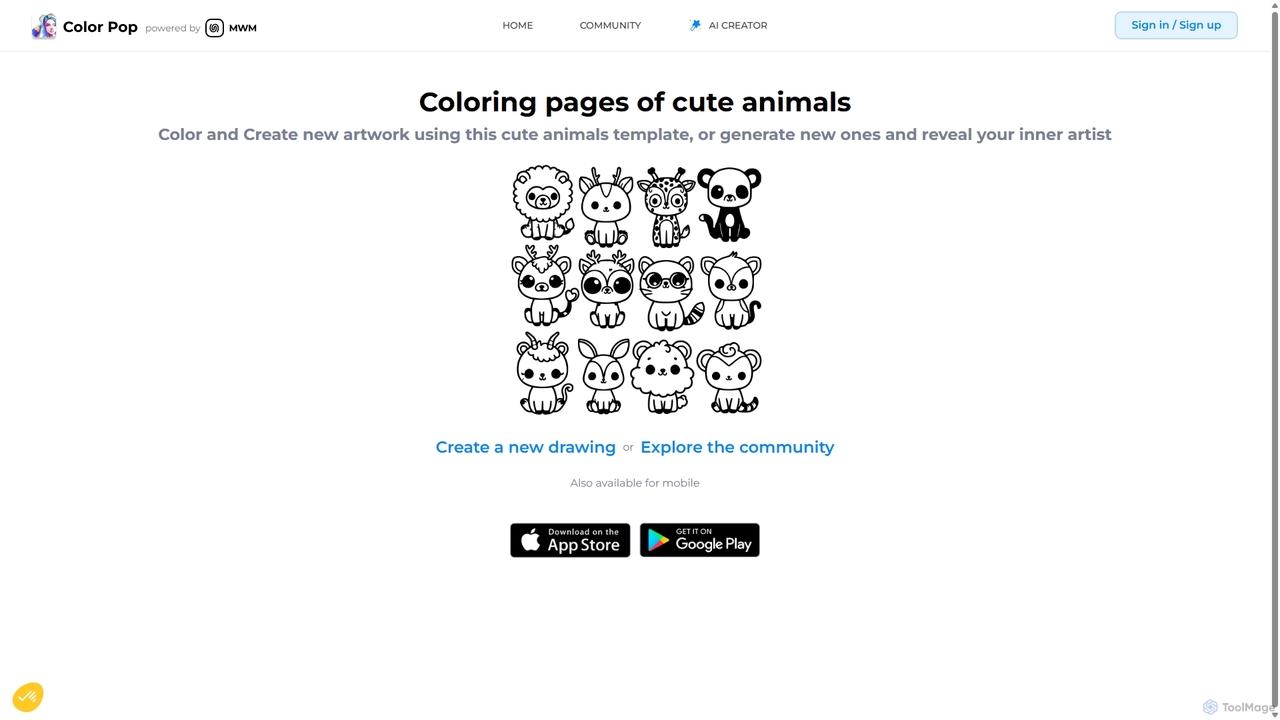 AI-generated coloring page of cute animals for Color Pop