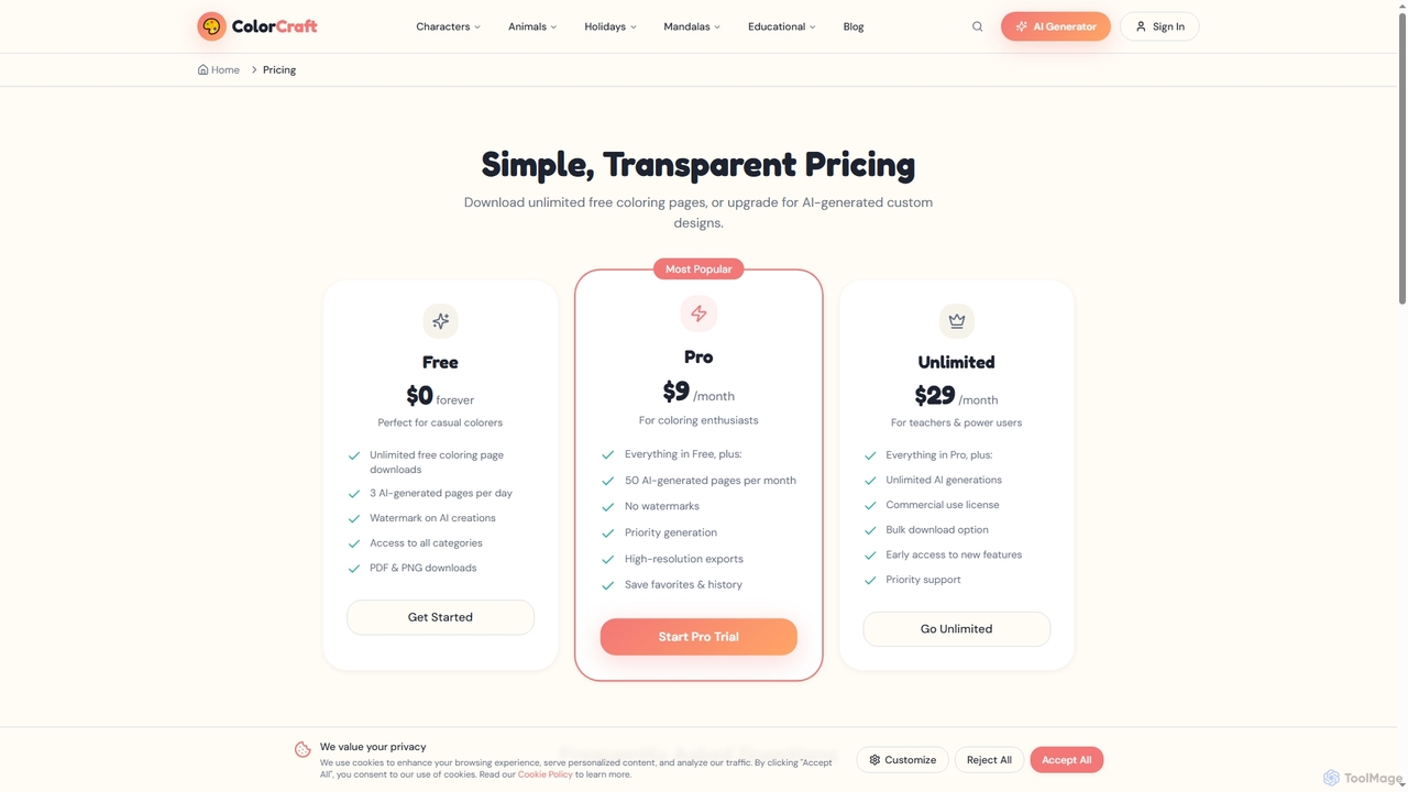 Pricing - ColorCraft AI Coloring Page Generator | Free Coloring Pages for ColorCraft
