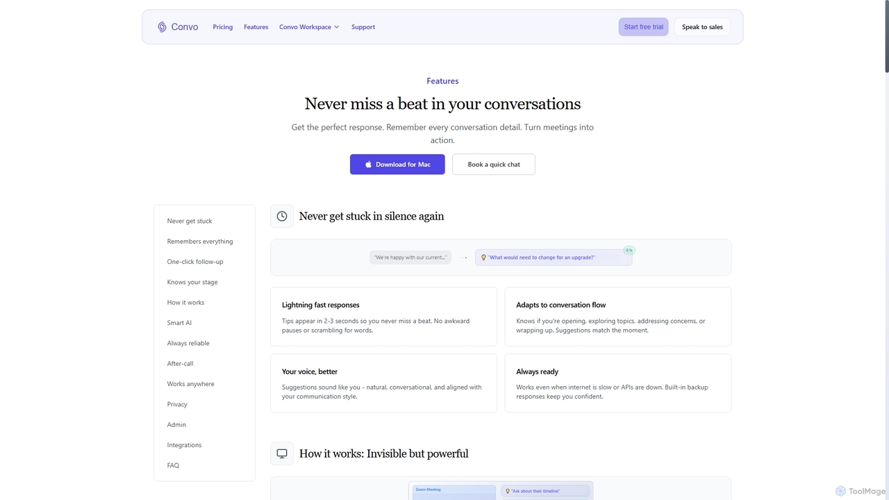 Features — Real-time Prompts, Context Memory, On-Screen Coaching | Convo for Convo