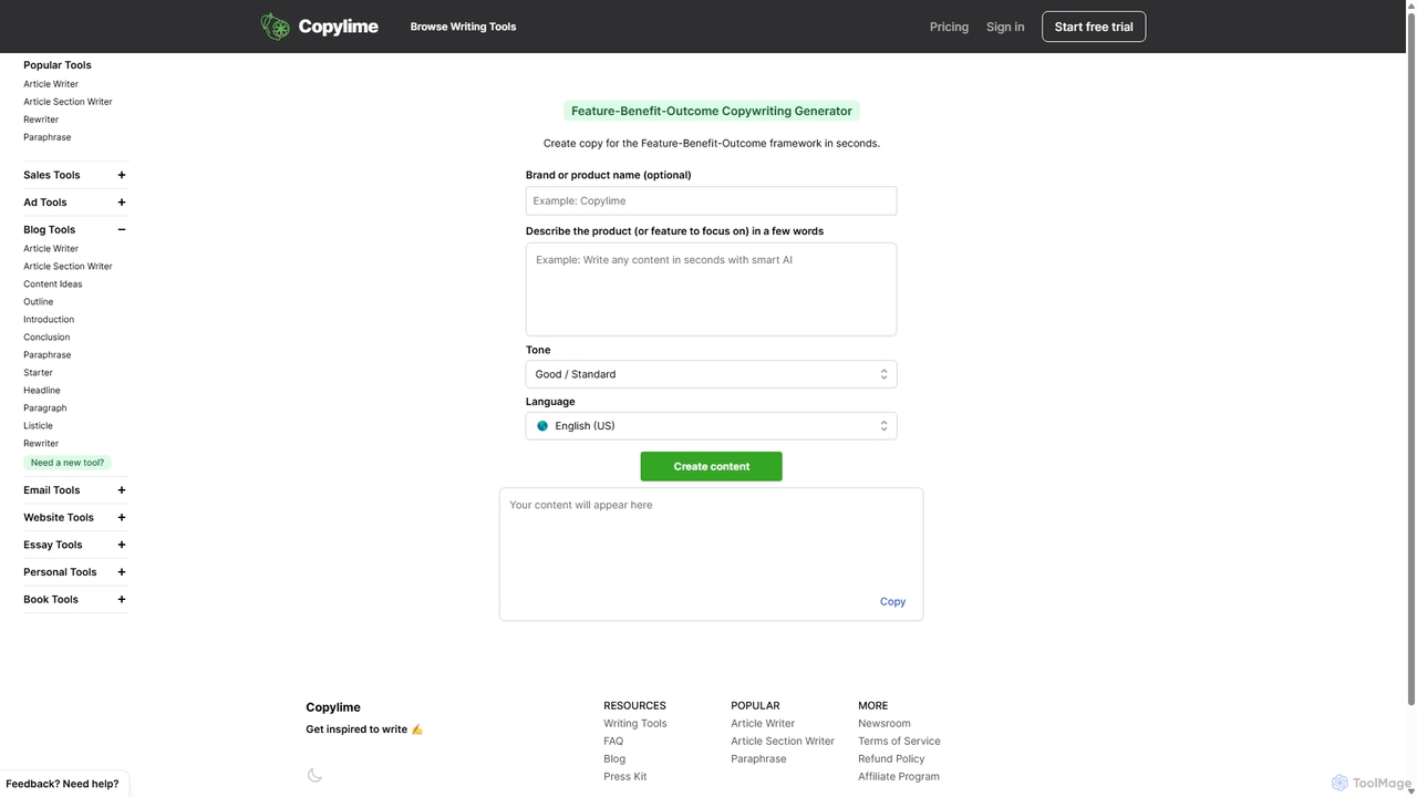 Feature-Benefit-Outcome Copywriting Generator • Copylime for Copylime