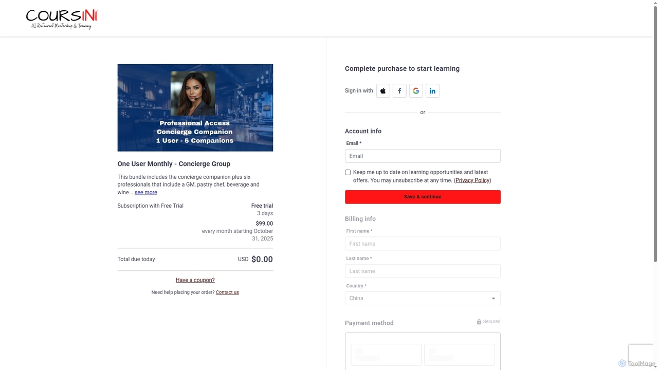 One User Monthly - Concierge Group for Coursini Concierge