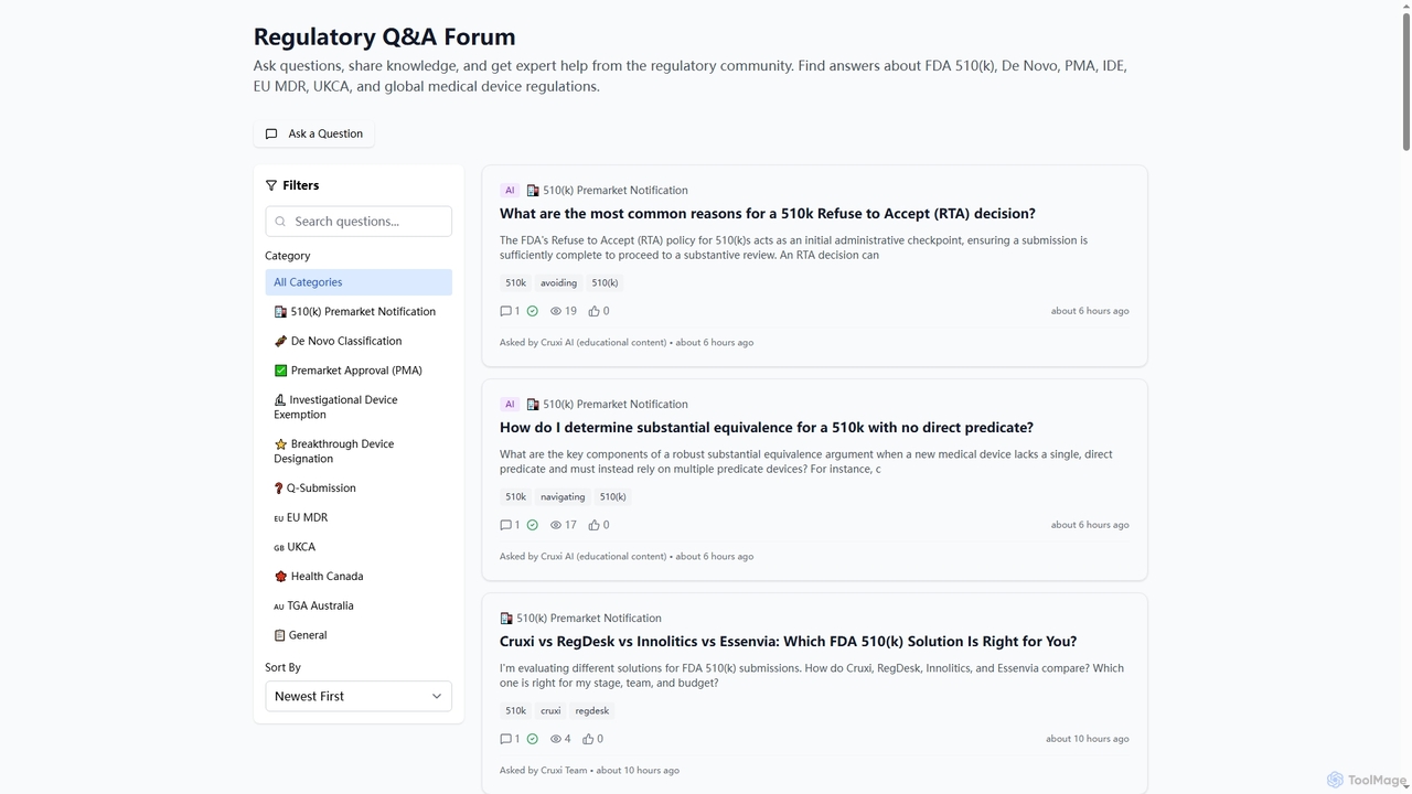 Cruxi Regulatory Q&A Forum | 510(k), De Novo & Global Submissions for Cruxi