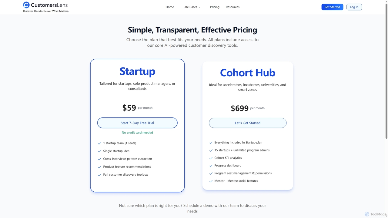 Pricing | AI Customer Discovery & Market Validation Platform for Startups for Customers Lens