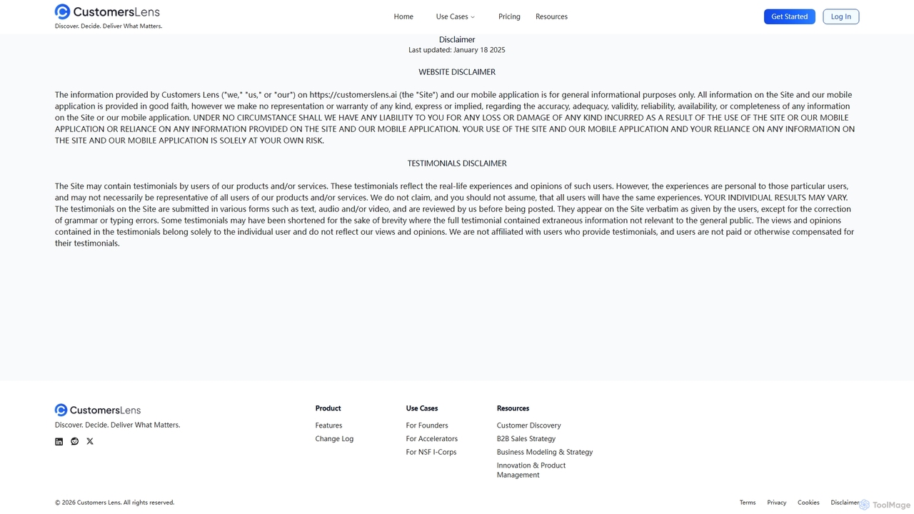 Disclaimer | Customers Lens Information & Liability for Customers Lens