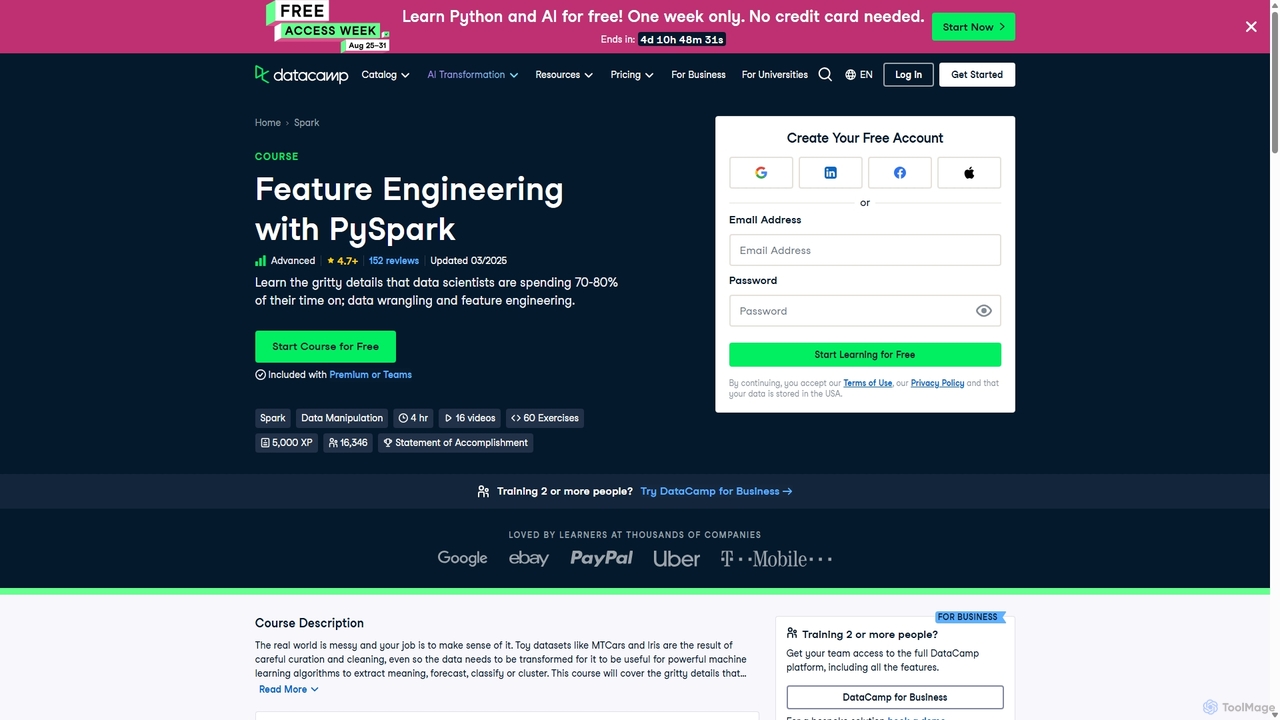 Feature Engineering with PySpark Course | DataCamp for DataCamp