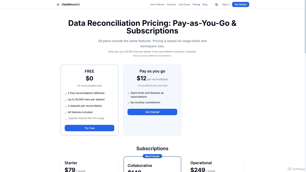 Data Reconciliation Pricing - Pay-as-You-Go & Subscriptions | DataReconIQ for DataReconIQ