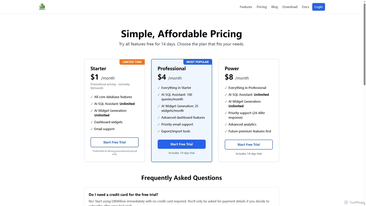 Pricing - DBWillow | DBWillow for DBWillow