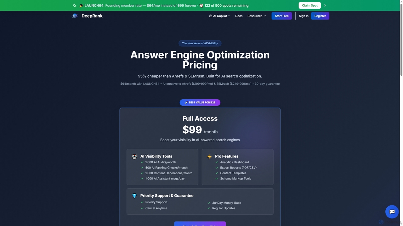 Answer Engine Optimization Pricing - 95% Cheaper than Ahrefs/SEMrush | DeepRank AI for DeepRank