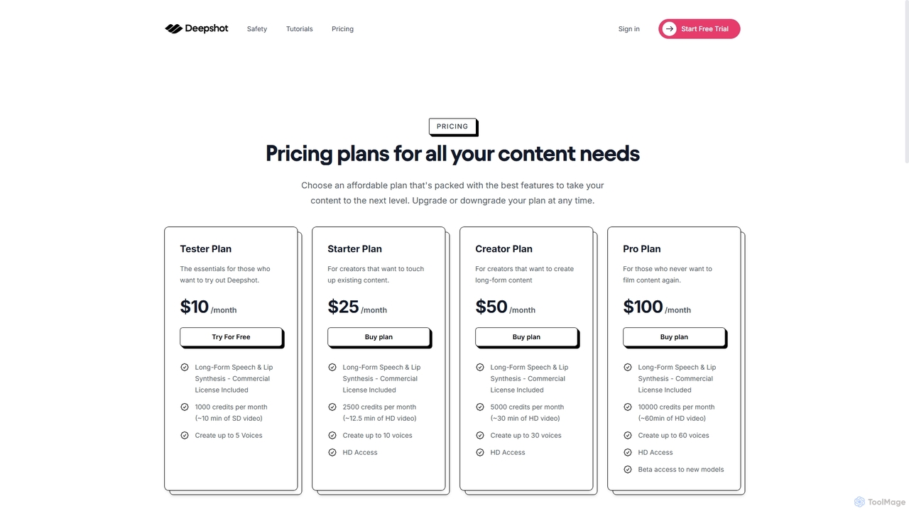 Plans & Pricing - Deepshot for Deepshot