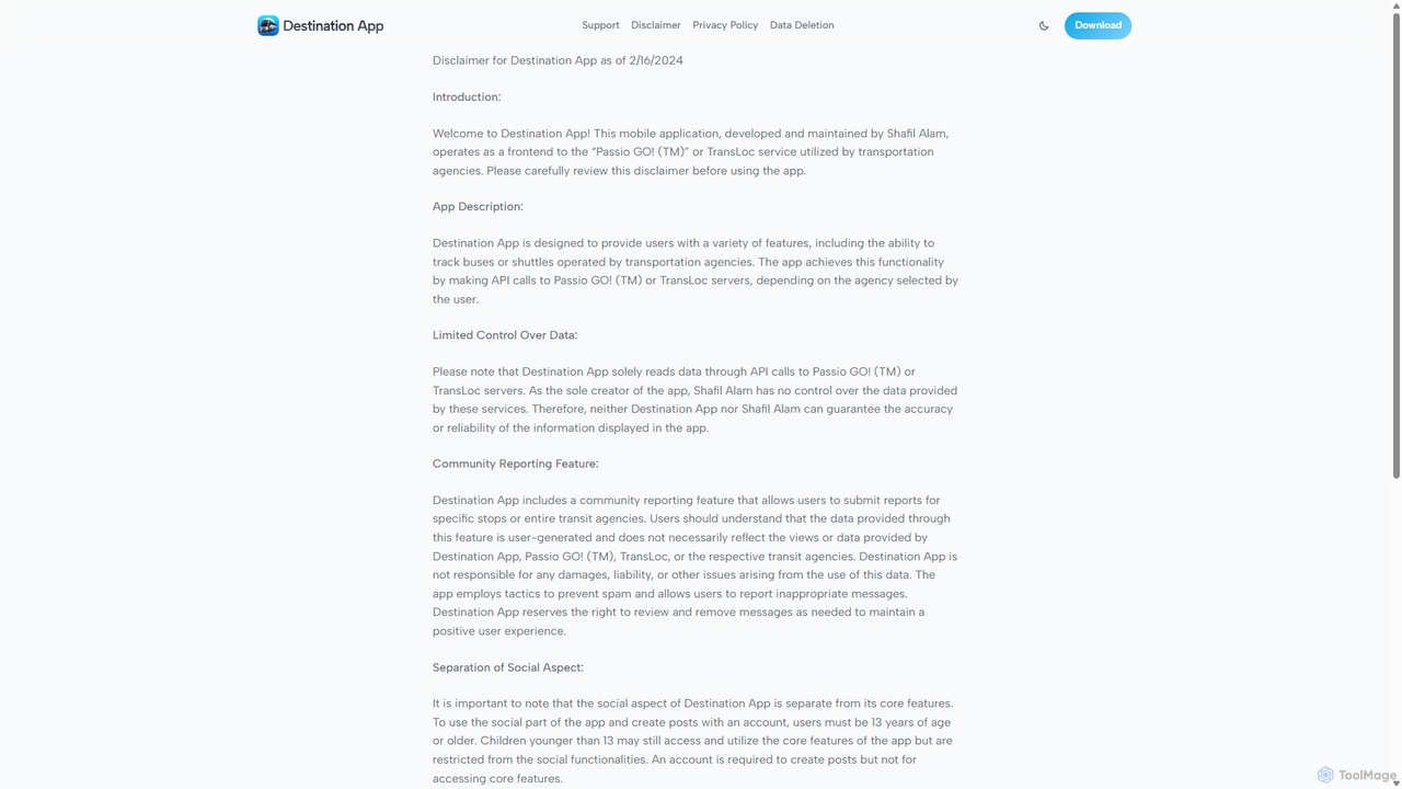 Disclaimer – Destination App for Destination App