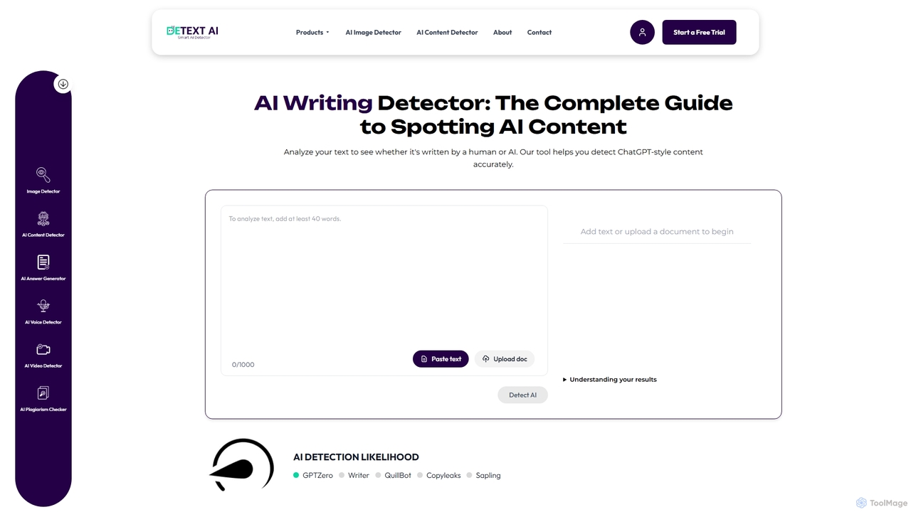 Detect AI-generated content in seconds and maintain trust with the help of our AI writing detector tool for Detext